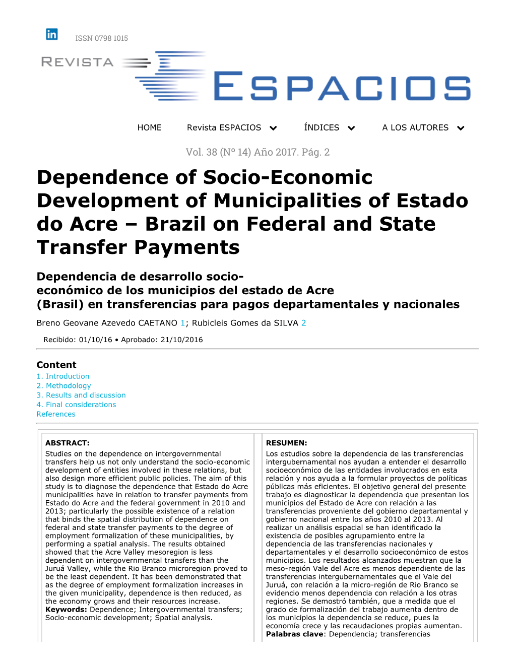 Dependence of Socioeconomic Development of Municipalities Of