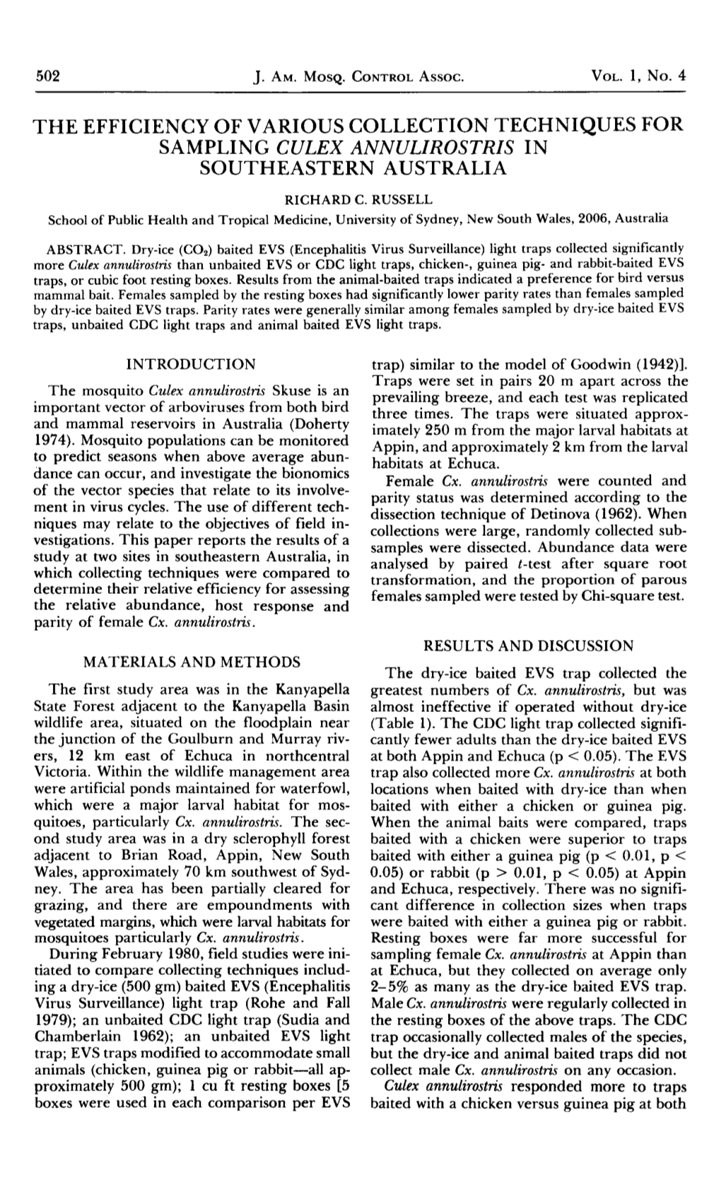 The Efficiency of Various Collection Techniques For