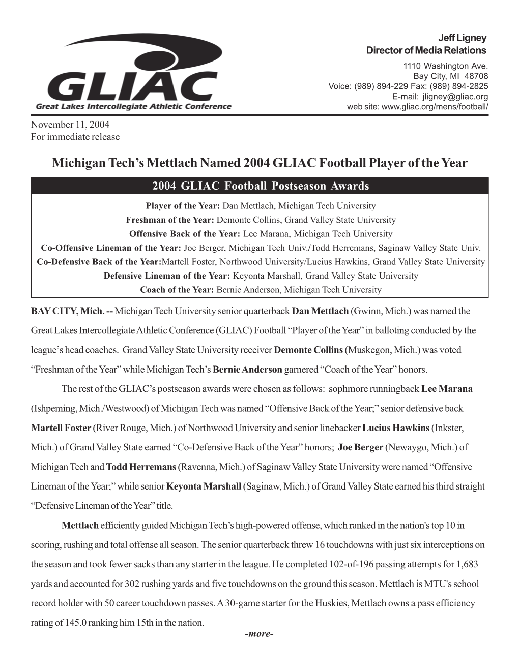 Michigan Tech's Mettlach Named 2004 GLIAC Football Player