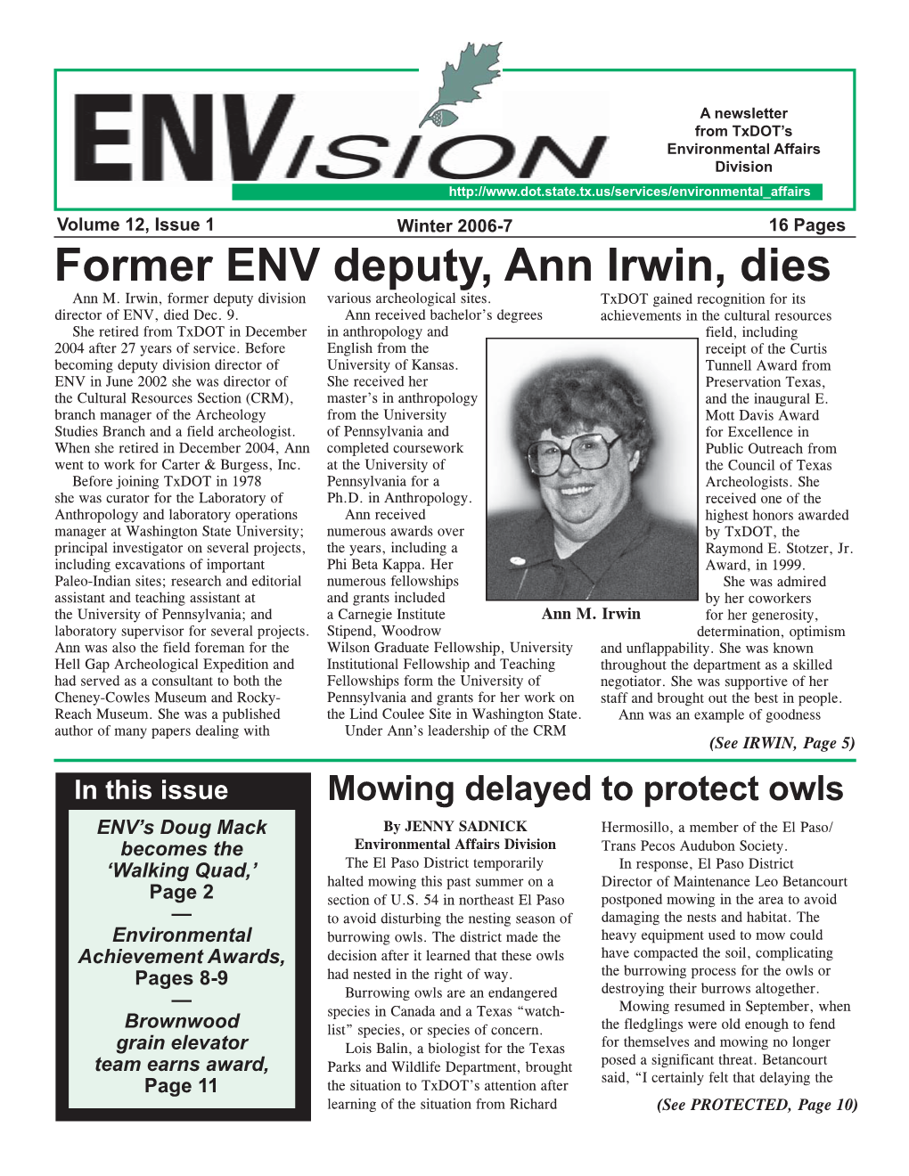 Former ENV Deputy, Ann Irwin, Dies Ann M