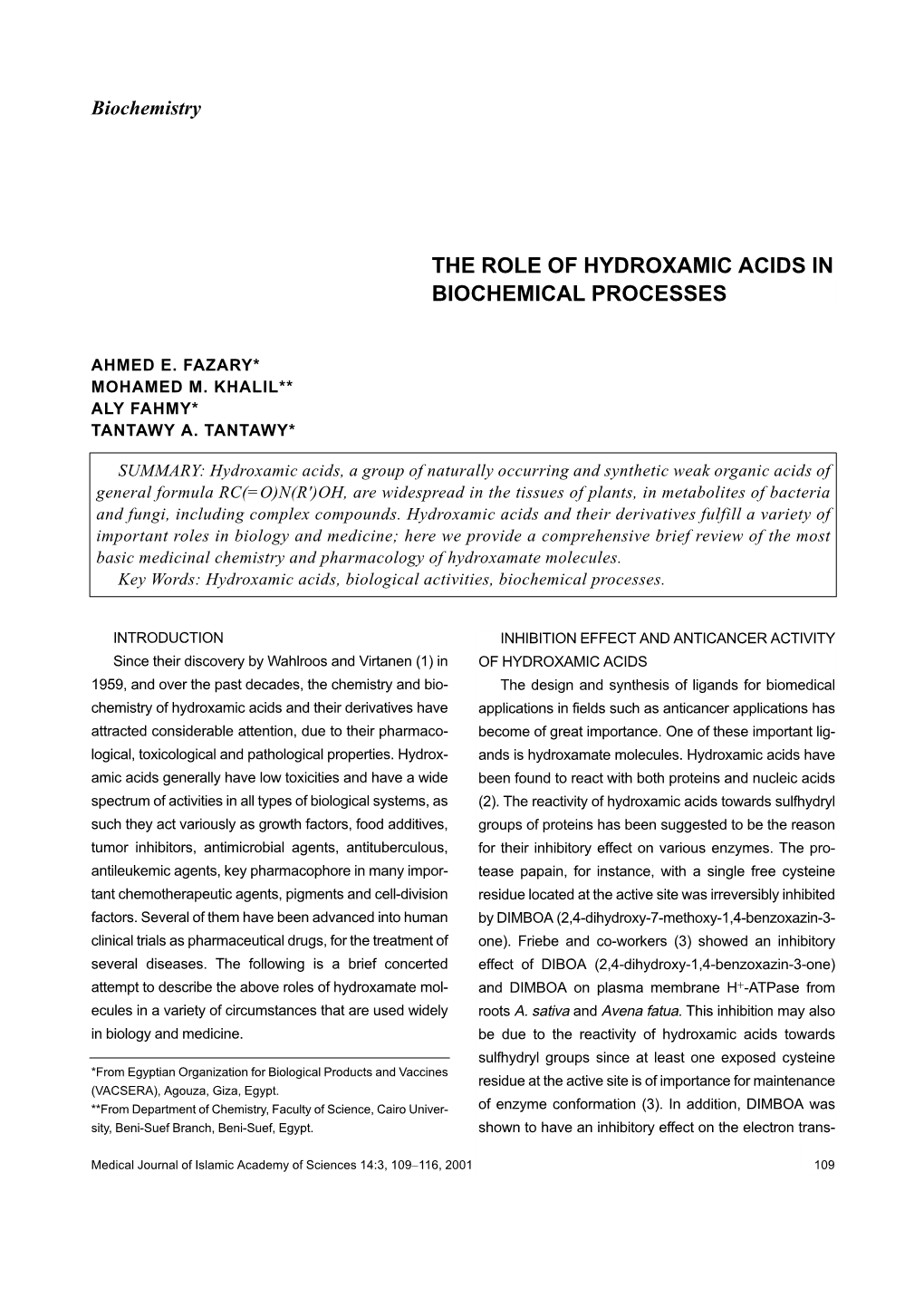 The Role of Hydroxamic Acids in Biochemical Processes