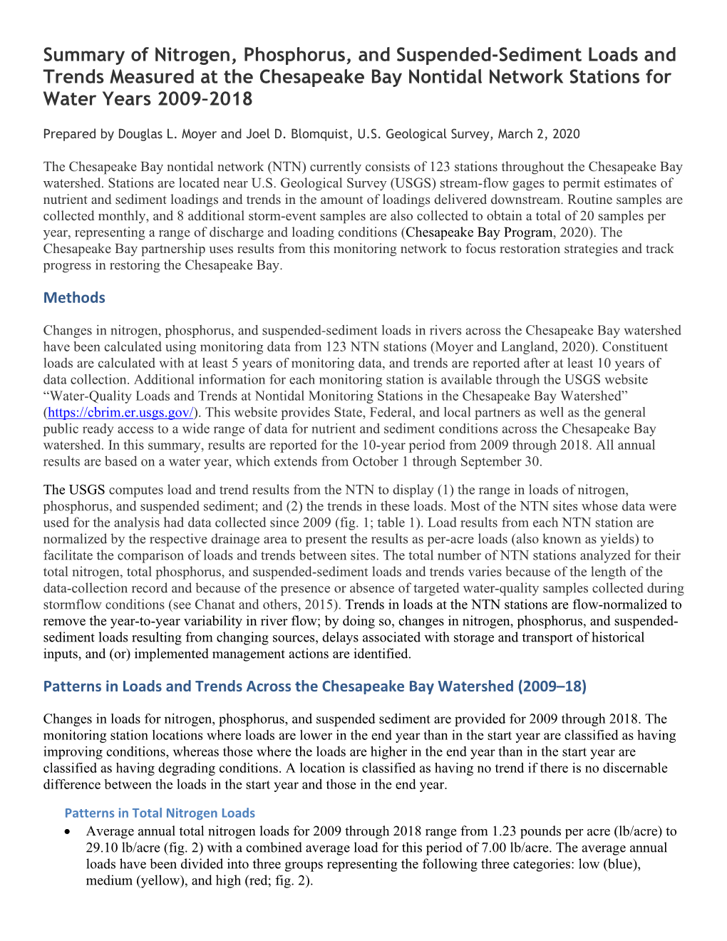 Summary of Nitrogen, Phosphorus, and Suspended-Sediment Loads and Trends Measured at the Chesapeake Bay Nontidal Network Stations for Water Years 2009–2018