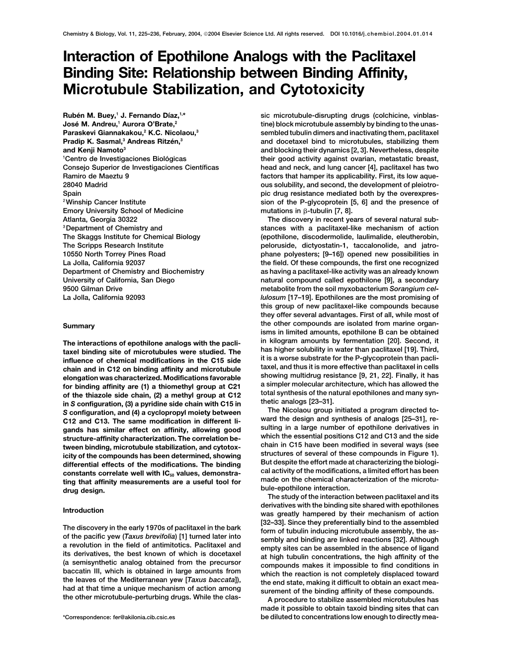 Interaction of Epothilone Analogs with the Paclitaxel Binding Site: Relationship Between Binding Affinity, Microtubule Stabilization, and Cytotoxicity