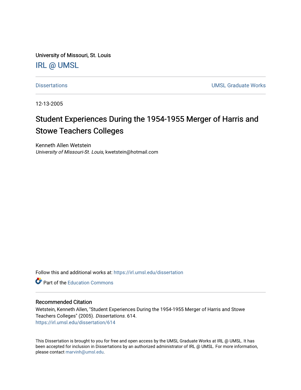 Student Experiences During the 1954-1955 Merger of Harris and Stowe Teachers Colleges