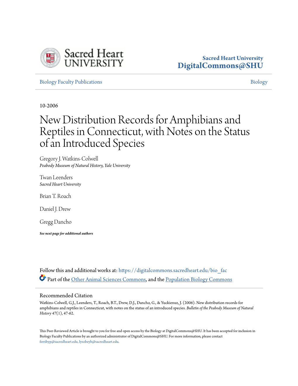 New Distribution Records for Amphibians and Reptiles in Connecticut, with Notes on the Status of an Introduced Species Gregory J