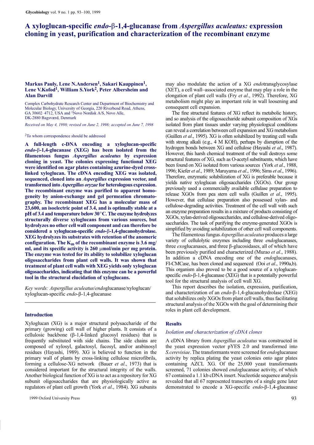 A Xyloglucan-Specific Endo-Β-1,4-Glucanase from Aspergillus Aculeatus: Expression Cloning in Yeast, Purification and Characterization of the Recombinant Enzyme