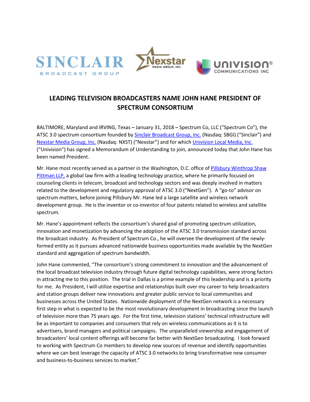 Leading Television Broadcasters Name John Hane President of Spectrum Consortium