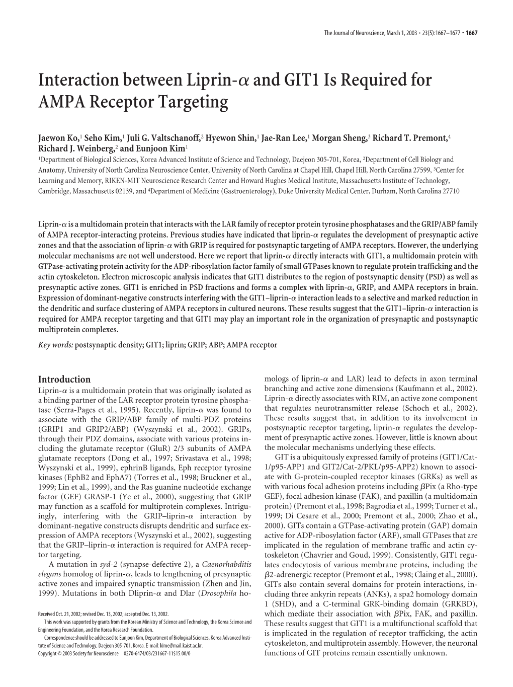 Interaction Between Liprin-Αand GIT1 Is Required for AMPA Receptor