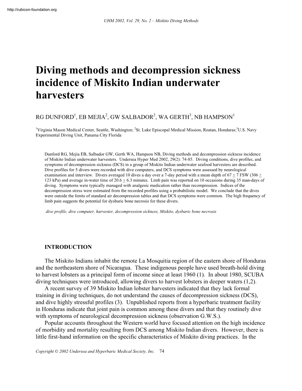 Diving and DCS in Miskito Indigenous Peoples 1MB (2002) Harvest Management