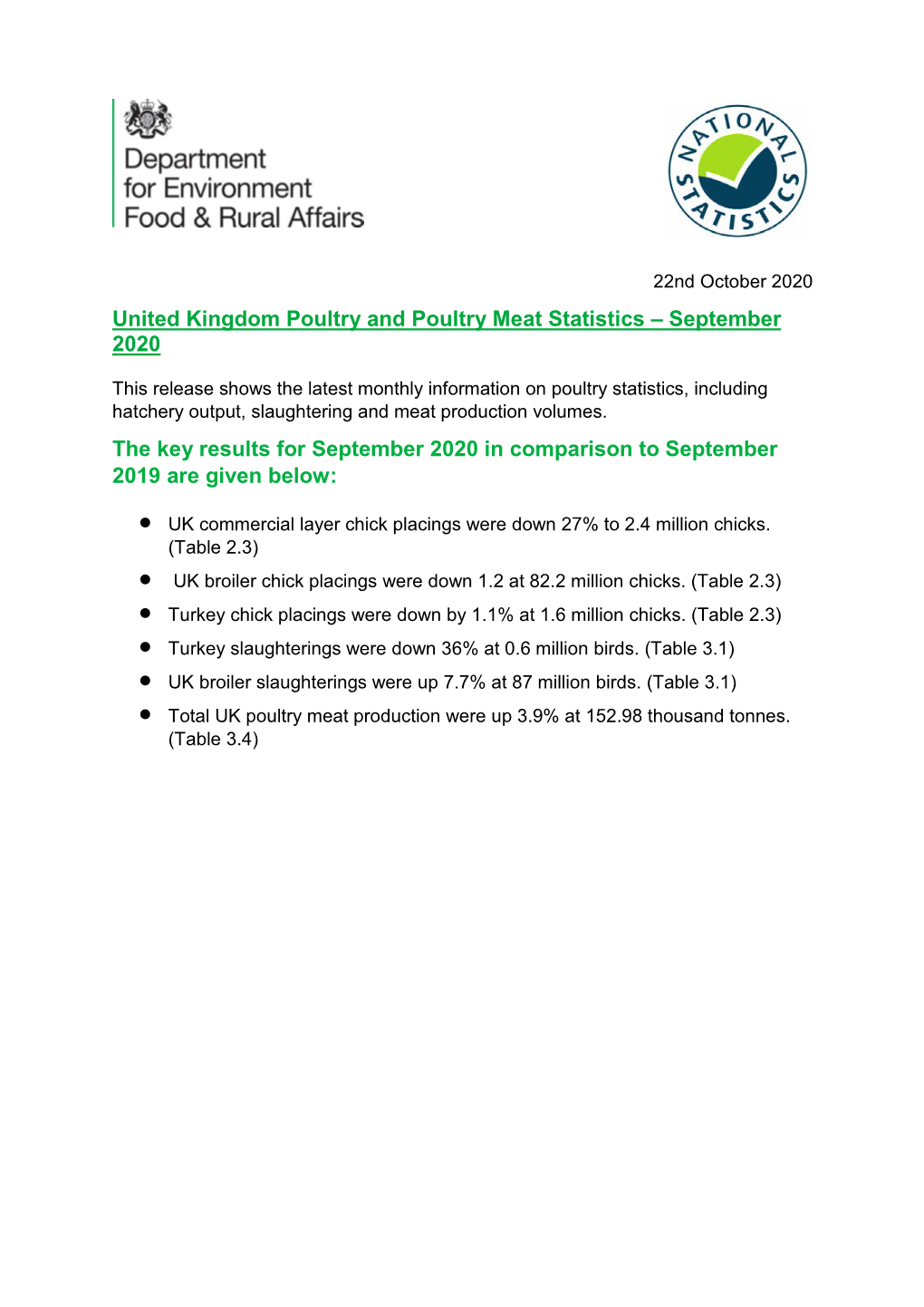 United Kingdom Poultry and Poultry Meat Statistics September 2020