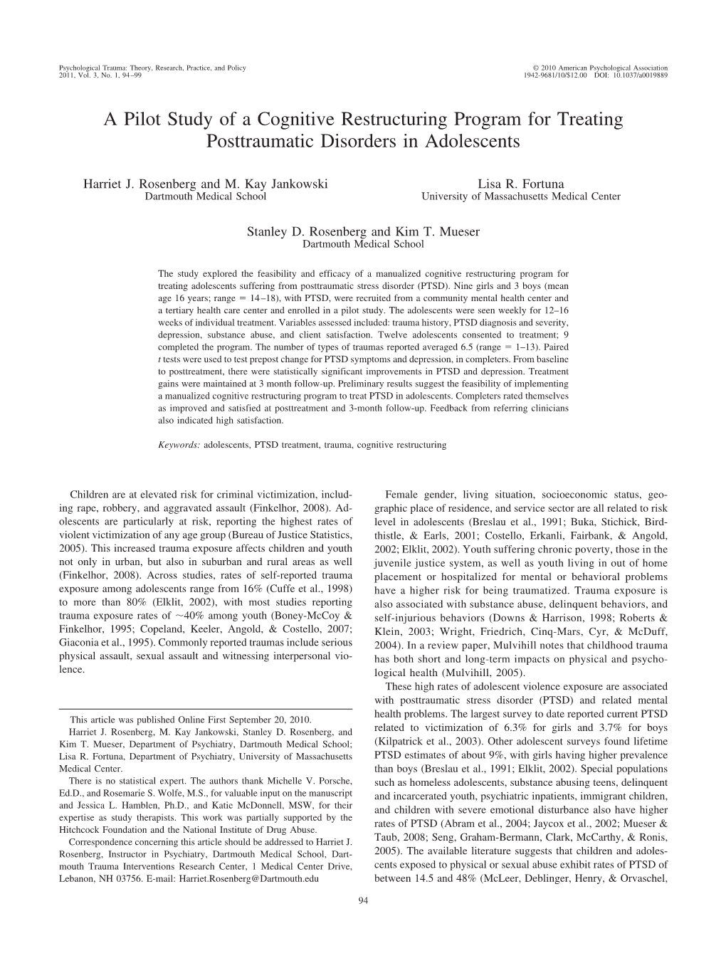 A Pilot Study of a Cognitive Restructuring Program for Treating Posttraumatic Disorders in Adolescents