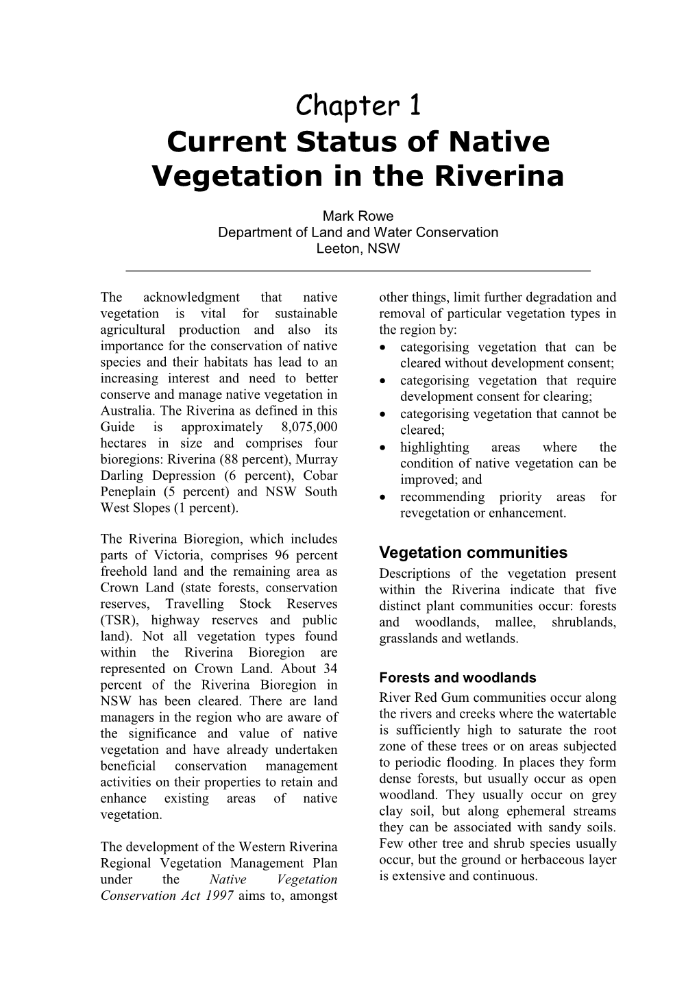 Chapter 1 Current Status of Native Vegetation in the Riverina