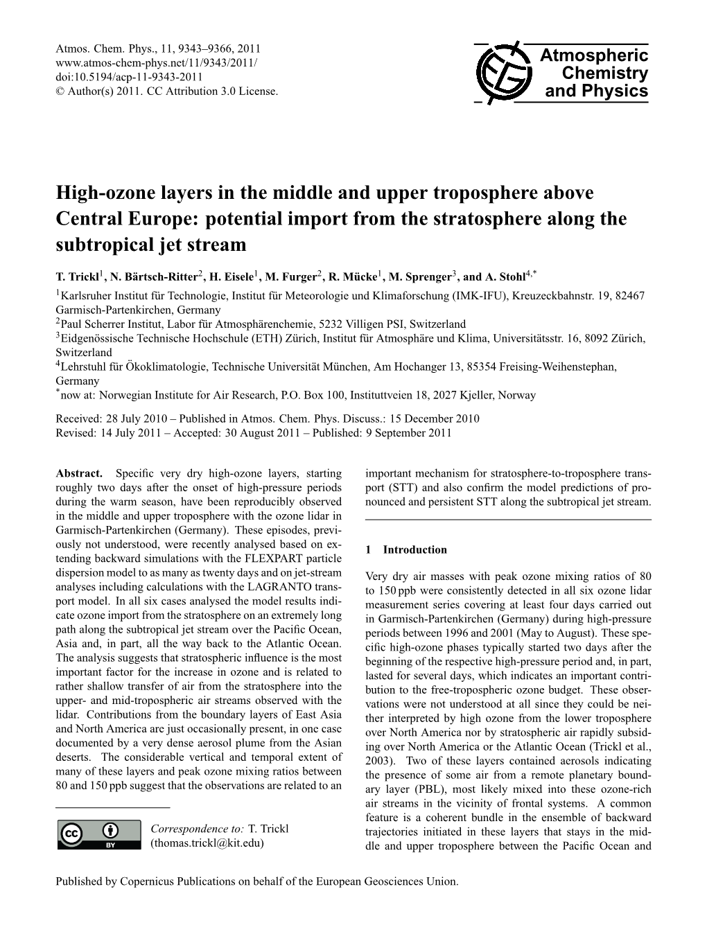 High-Ozone Layers in the Middle and Upper Troposphere Above Central Europe: Potential Import from the Stratosphere Along the Subtropical Jet Stream