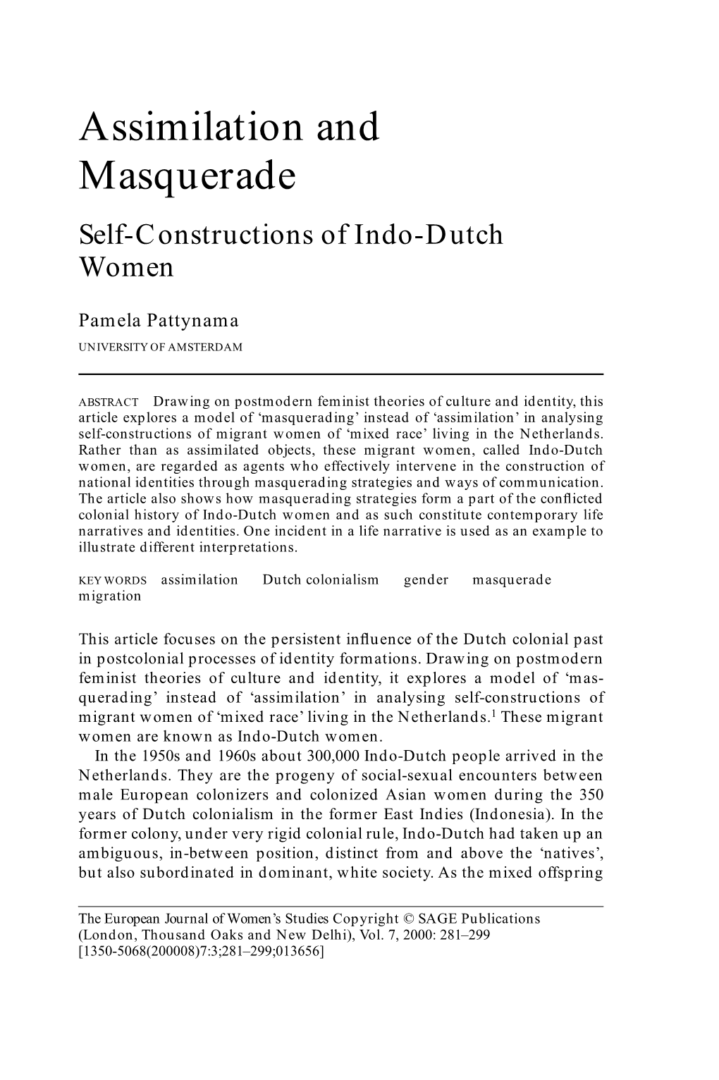 Assimilation and Masquerade Self-Constructions of Indo-Dutch Women