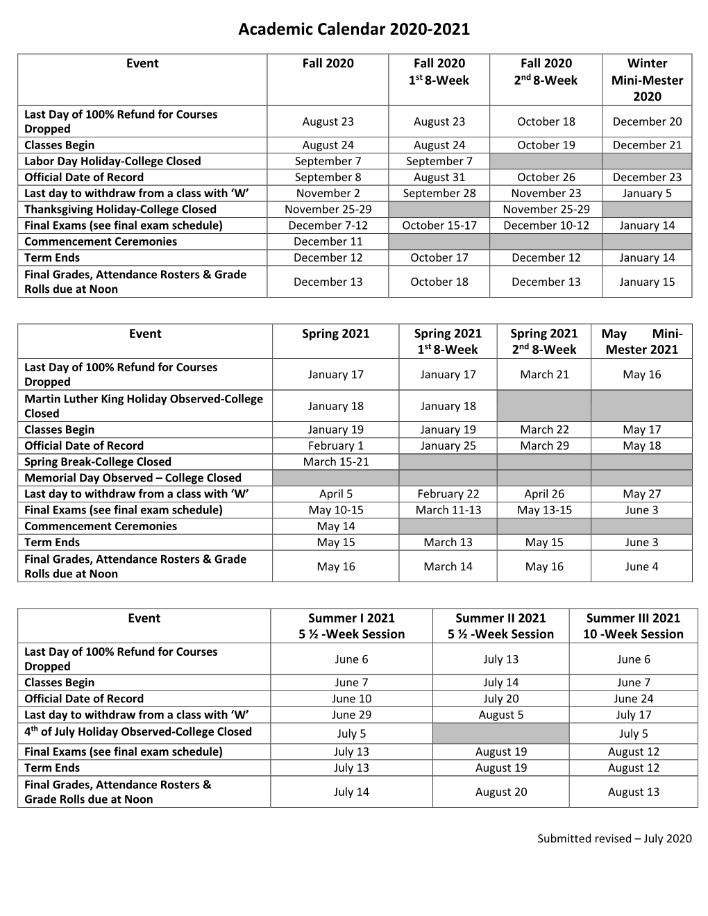 Academic Calendar 2020-2021