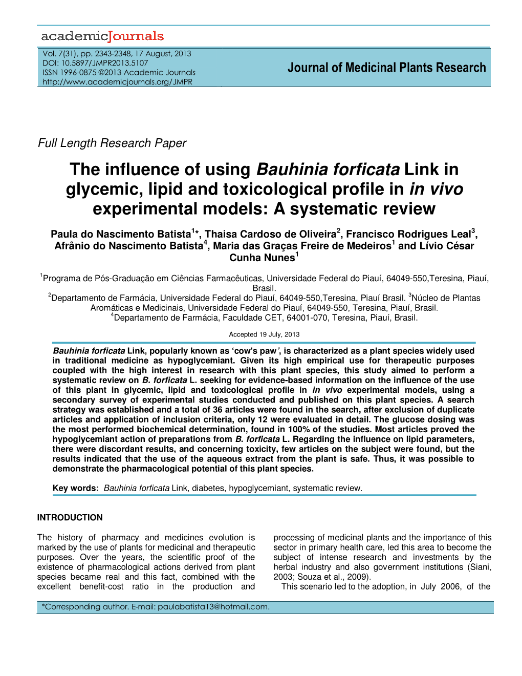 The Influence of Using Bauhinia Forficata Link in Glycemic, Lipid and Toxicological Profile in in Vivo Experimental Models: a Systematic Review