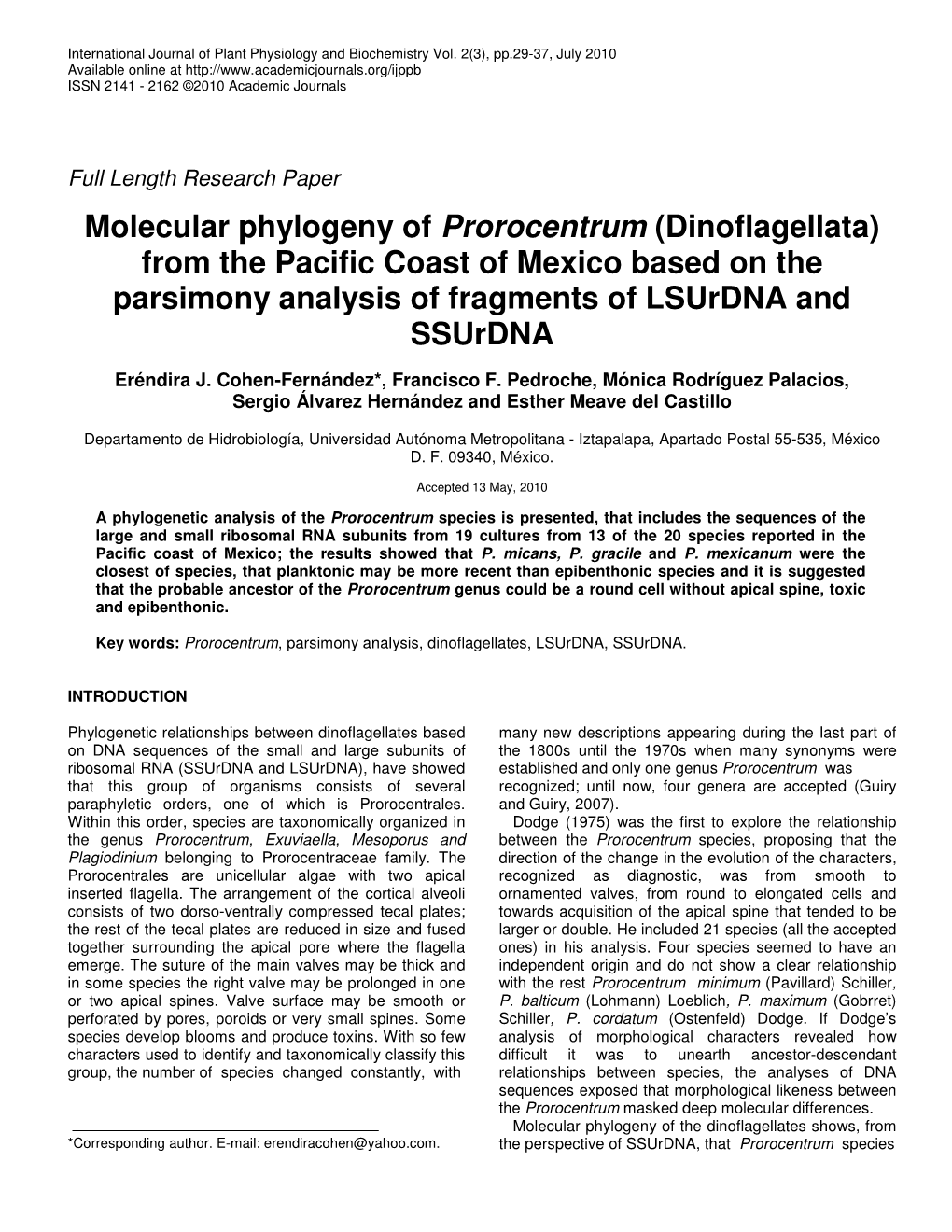 Molecular Phylogeny of Prorocentrum (Dinoflagellata) from the Pacific Coast of Mexico Based on the Parsimony Analysis of Fragments of Lsurdna and Ssurdna