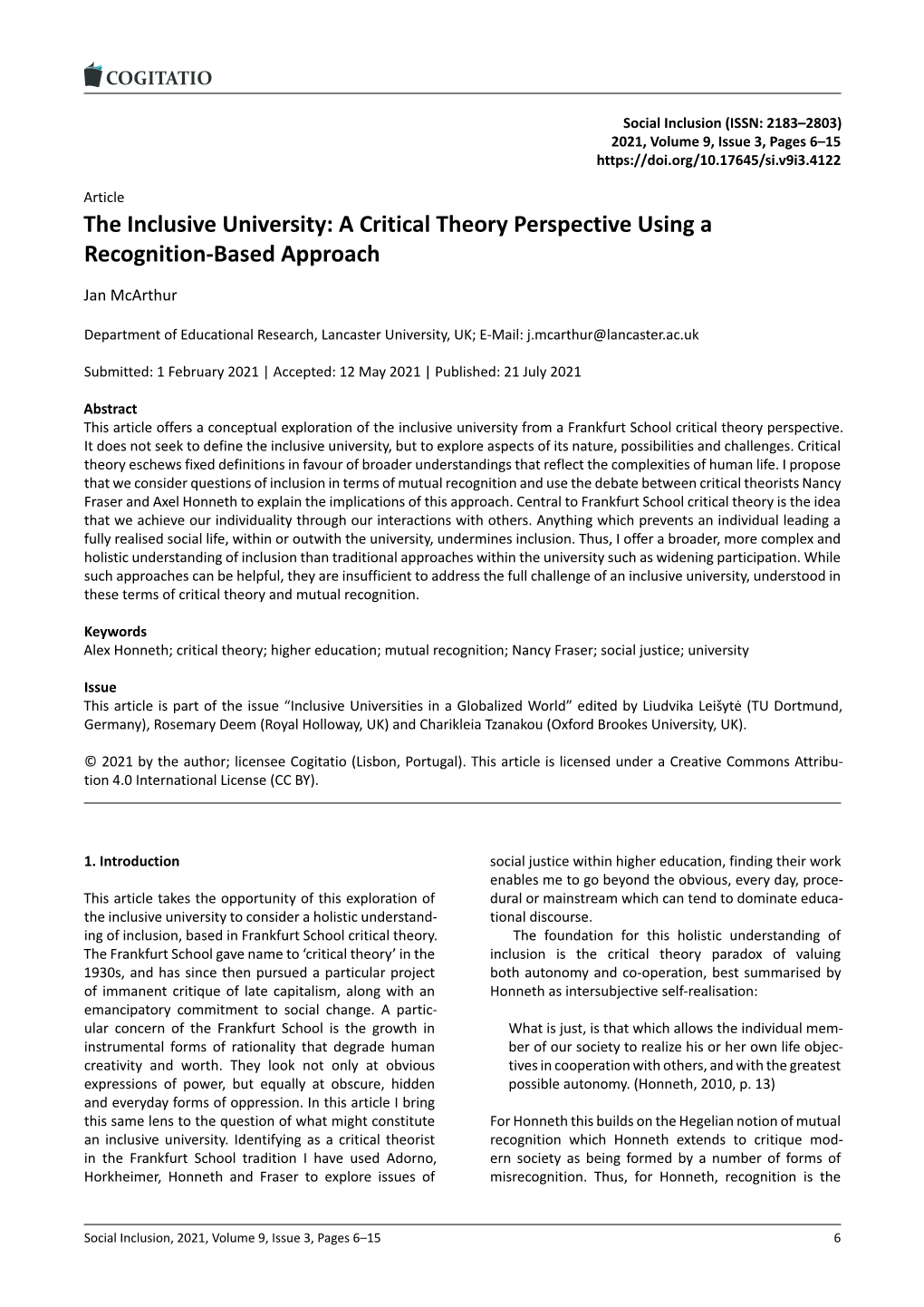 The Inclusive University: a Critical Theory Perspective Using a Recognition‐Based Approach