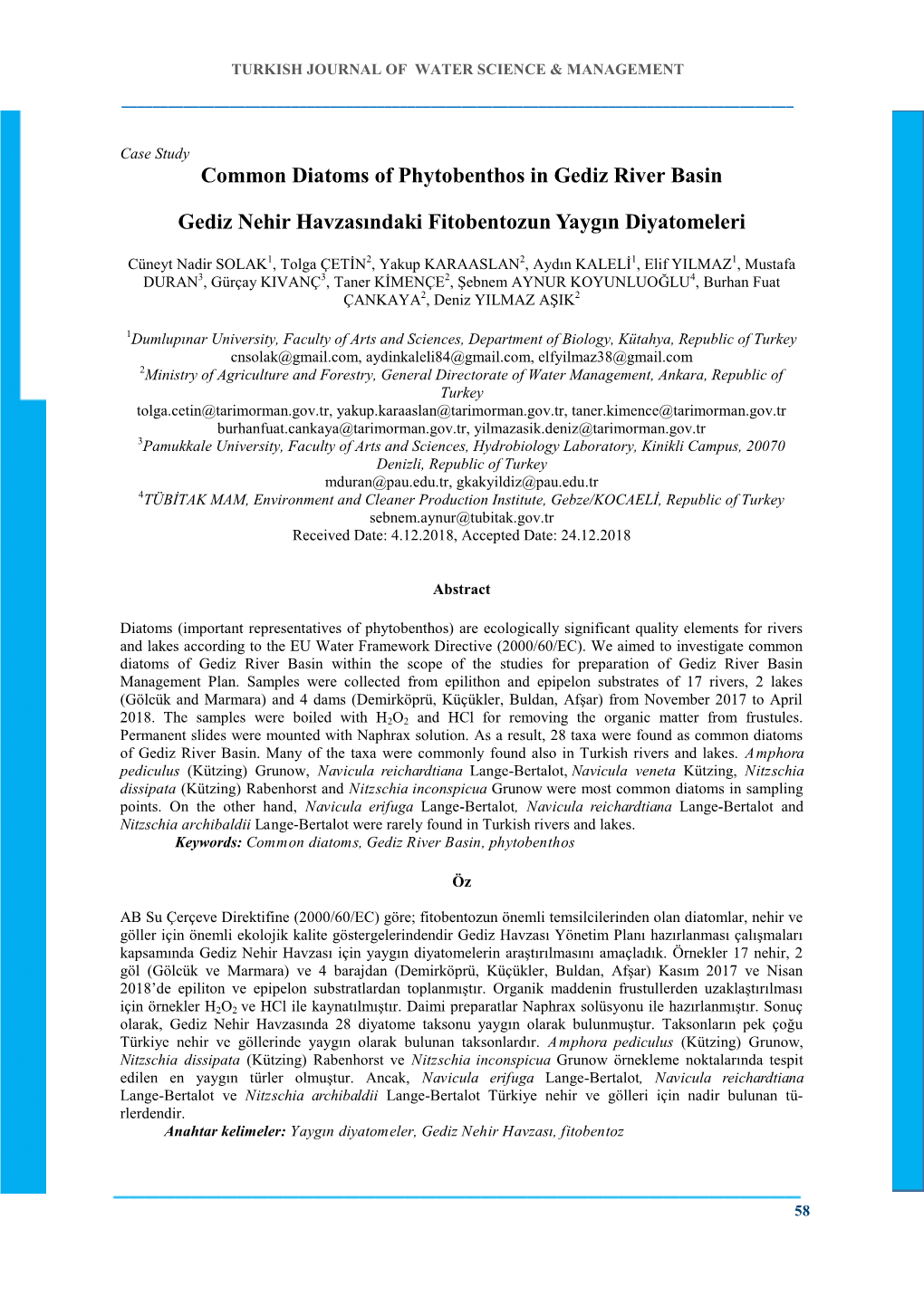 Common Diatoms of Phytobenthos in Gediz River Basin Gediz Nehir