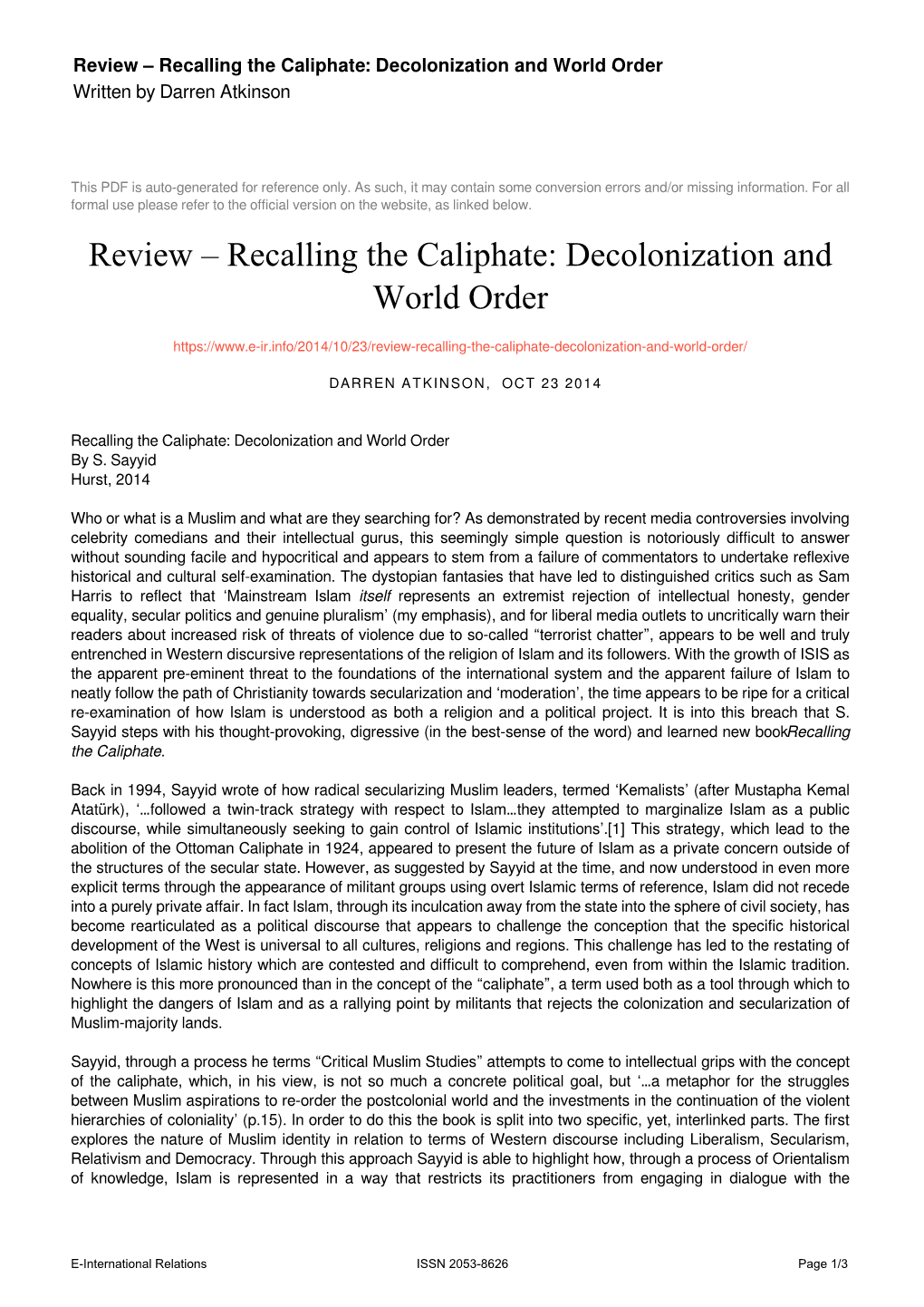 Review – Recalling the Caliphate: Decolonization and World Order Written by Darren Atkinson