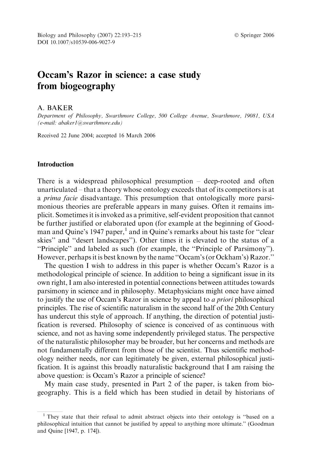 Occam's Razor in Science: a Case Study from Biogeography