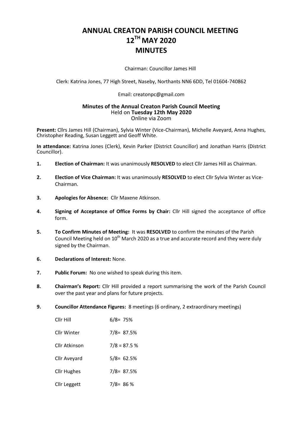 Annual Creaton Parish Council Meeting 12 May 2020