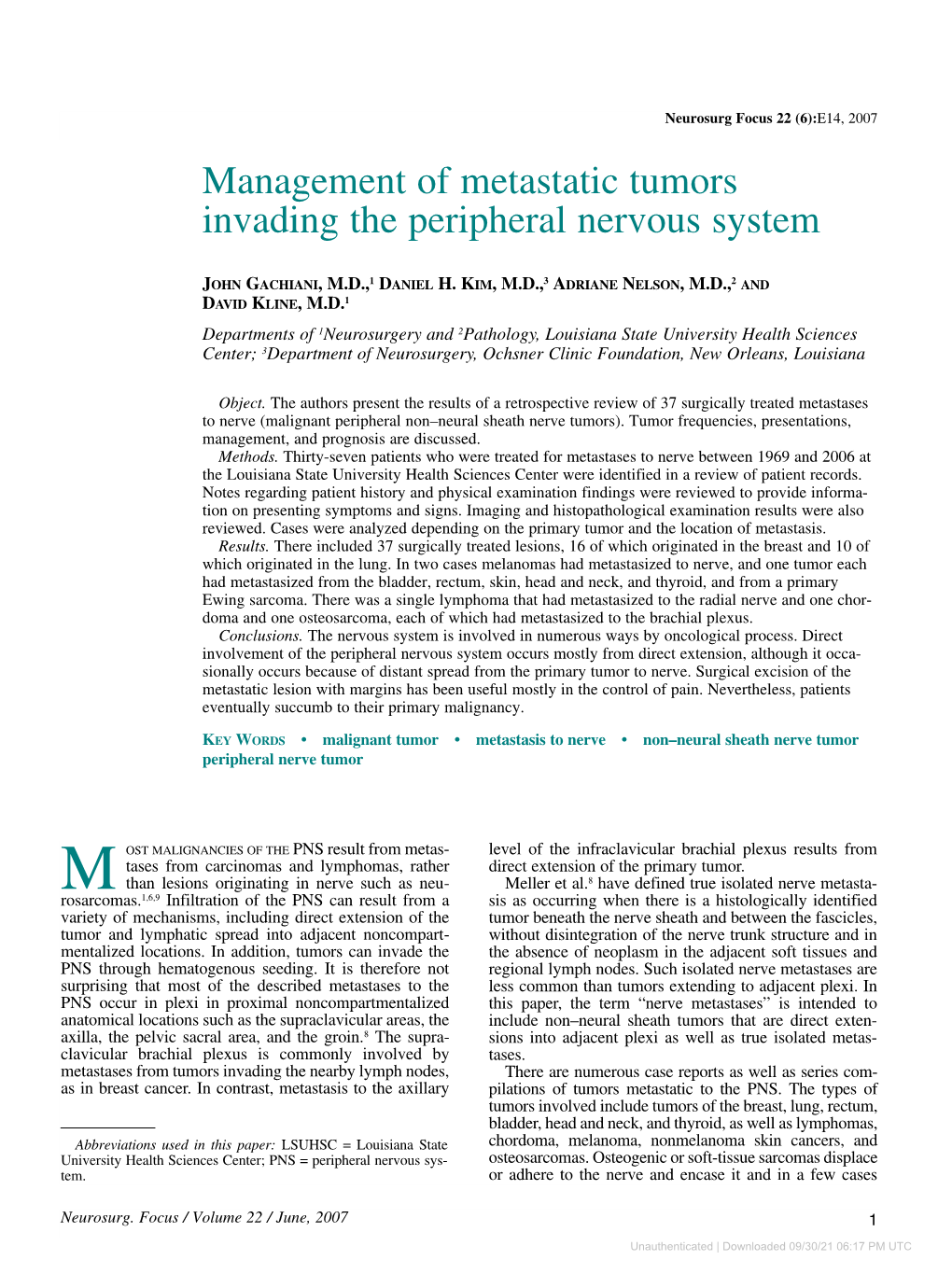 Management of Metastatic Tumors Invading the Peripheral Nervous System