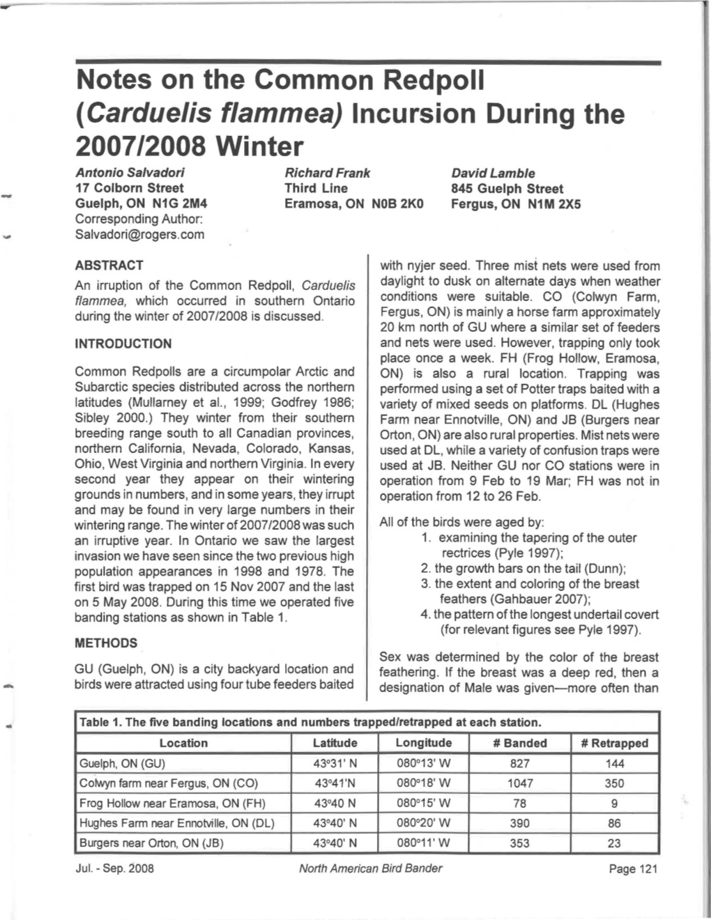 Notes on the Common Redpoll 2007/2008 Winter