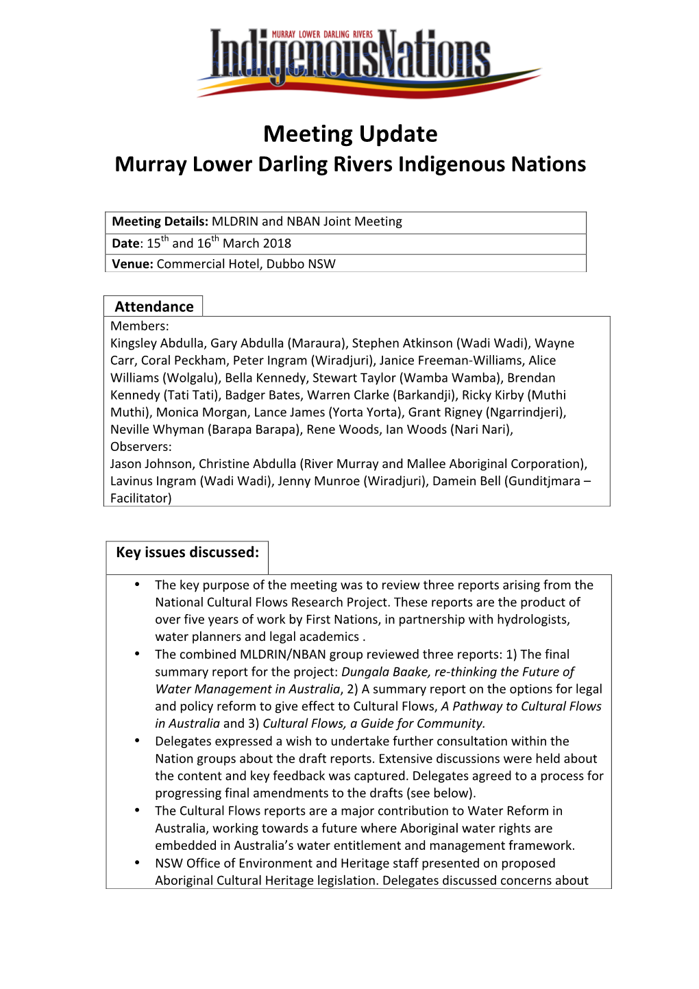 Meeting Update Murray Lower Darling Rivers Indigenous Nations