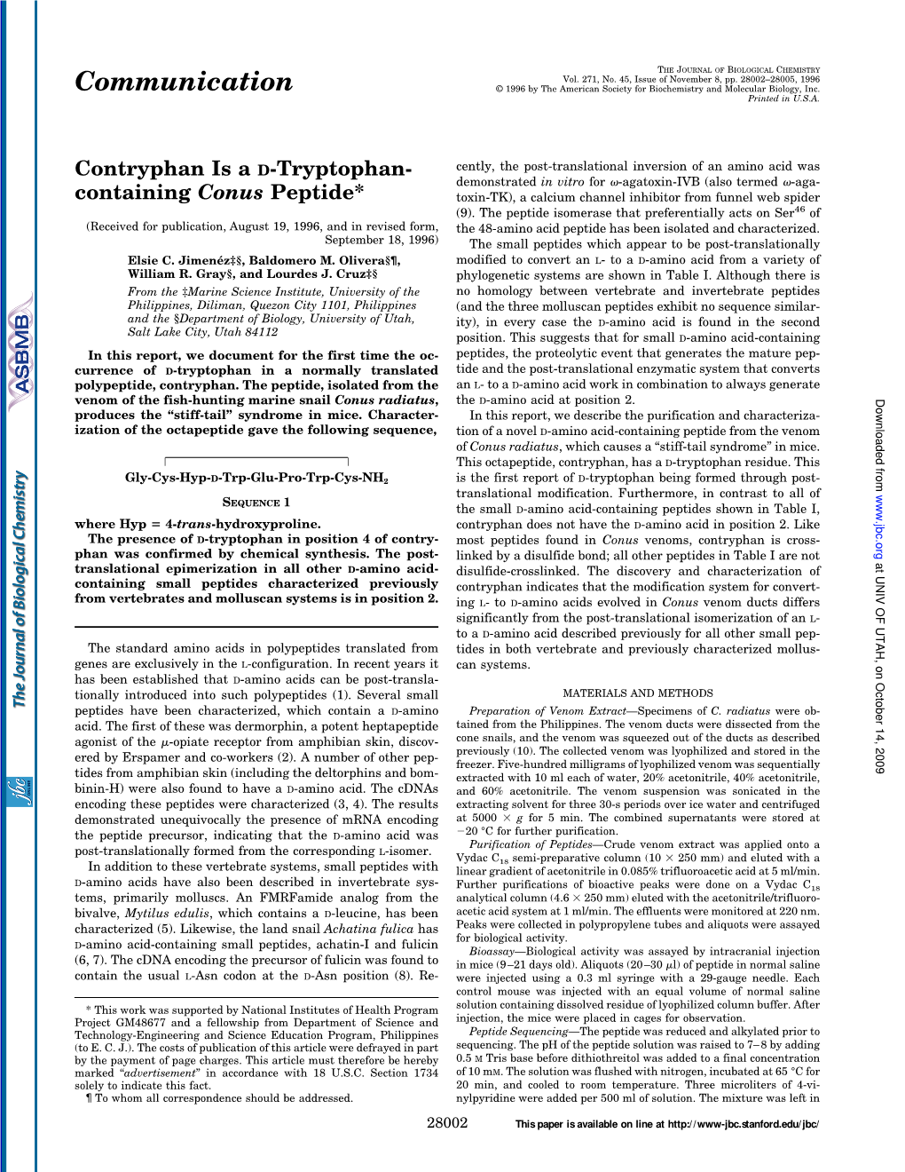 Contryphan Is a D-Tryptophan-Containing Conus