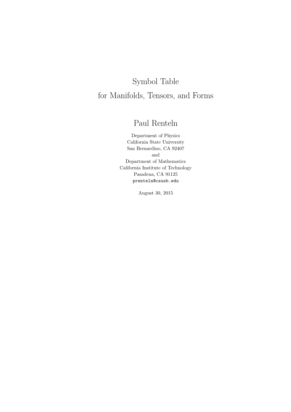 Symbol Table for Manifolds, Tensors, and Forms Paul Renteln