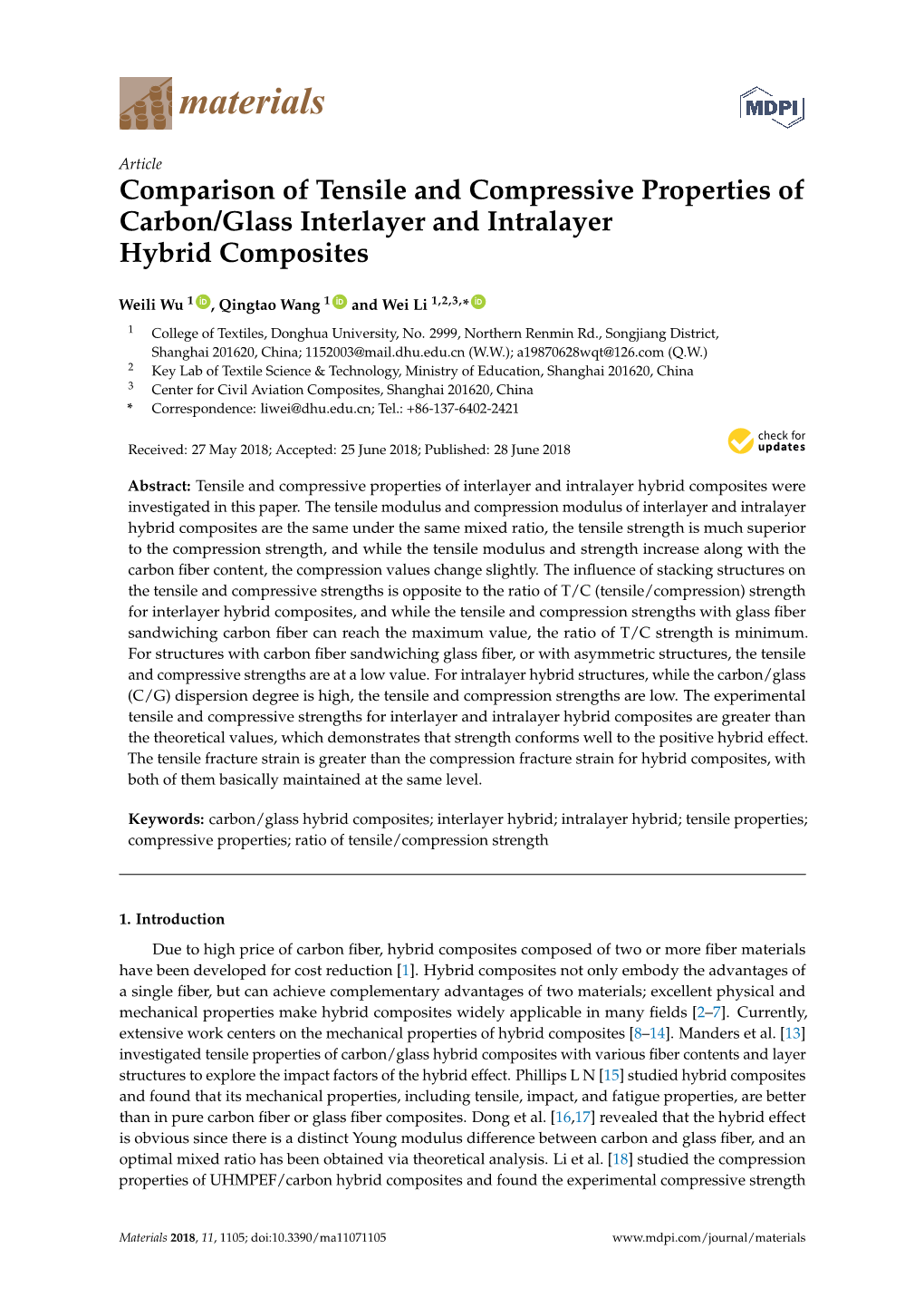 Comparison of Tensile and Compressive Properties of Carbon/Glass Interlayer and Intralayer Hybrid Composites