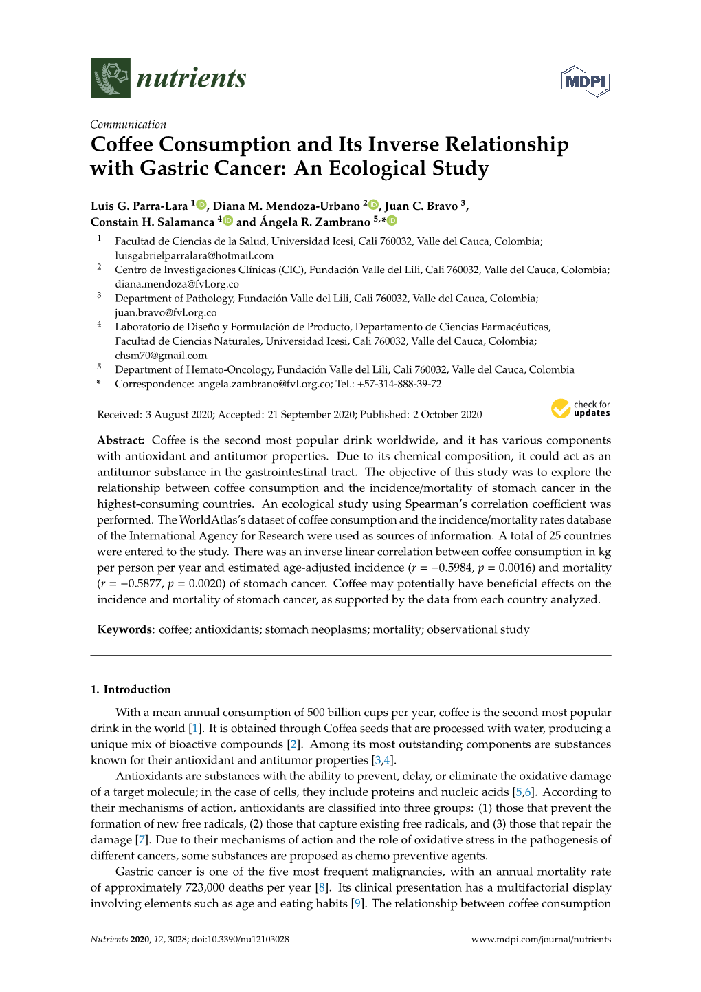 Coffee Consumption and Its Inverse Relationship with Gastric