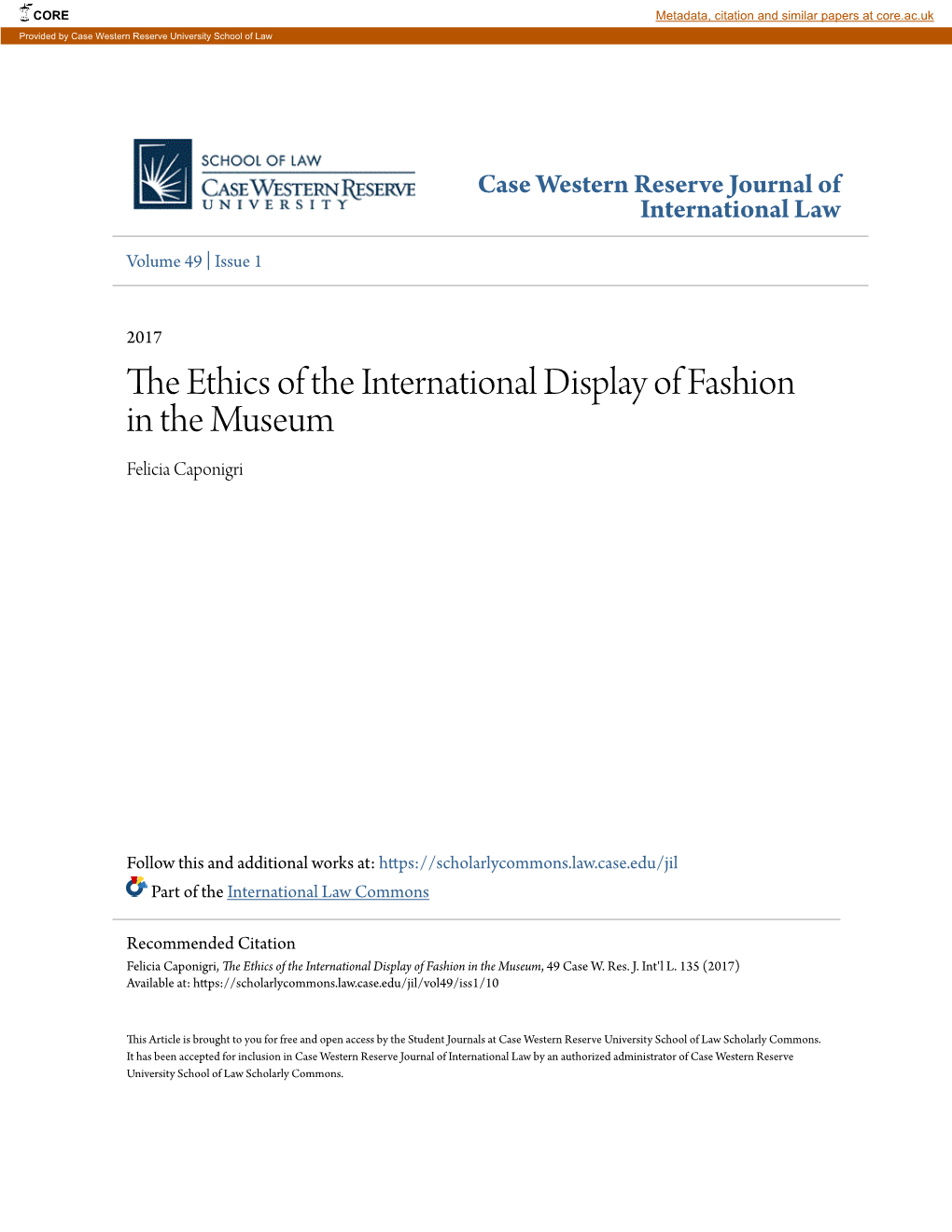 The Ethics of the International Display of Fashion in the Museum, 49 Case W