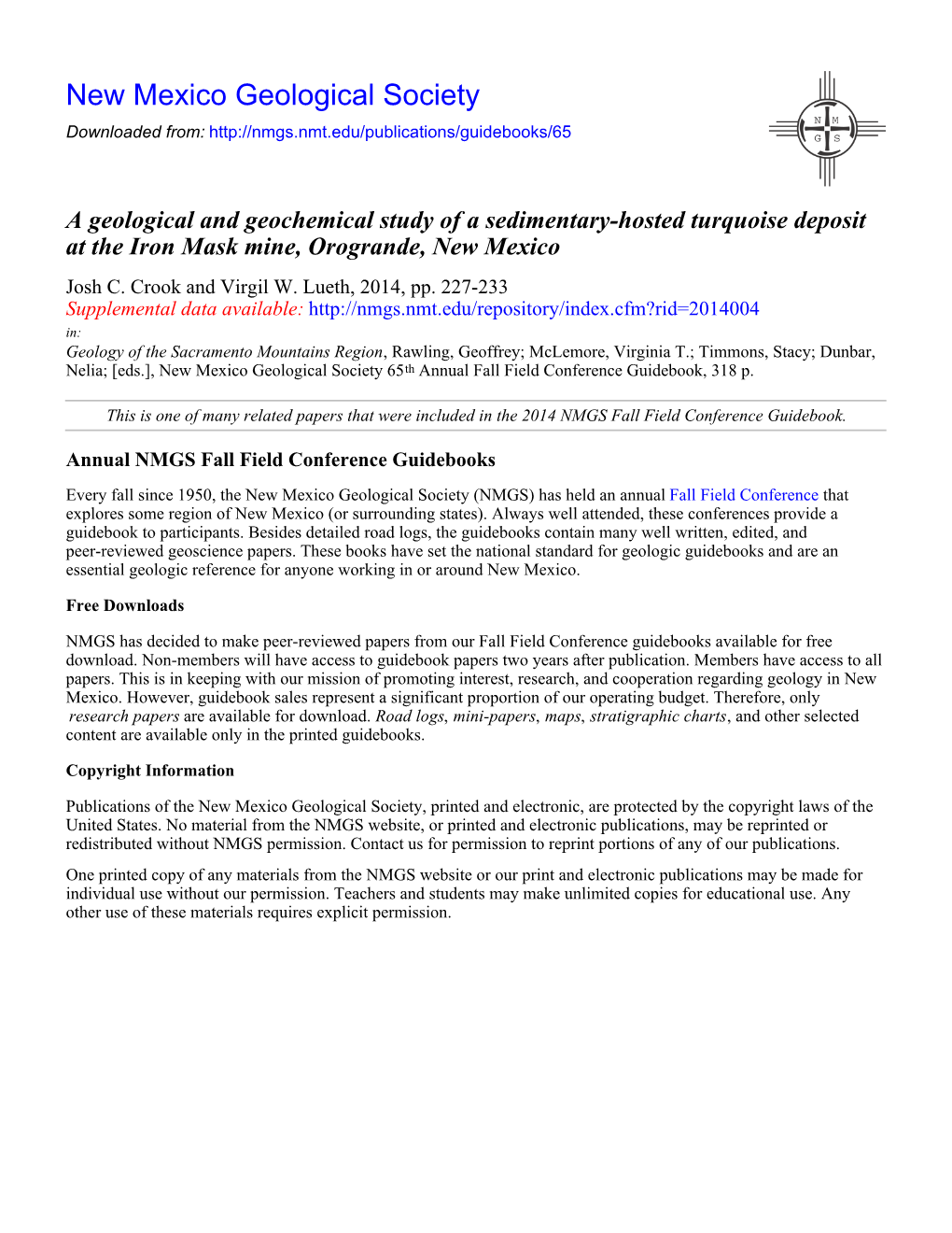 A Geological and Geochemical Study of a Sedimentary-Hosted Turquoise Deposit at the Iron Mask Mine, Orogrande, New Mexico Josh C