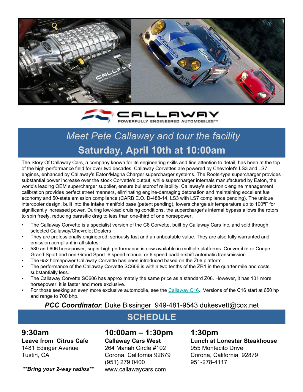 Meet Pete Callaway and Tour the Facility Saturday, April 10Th at 10