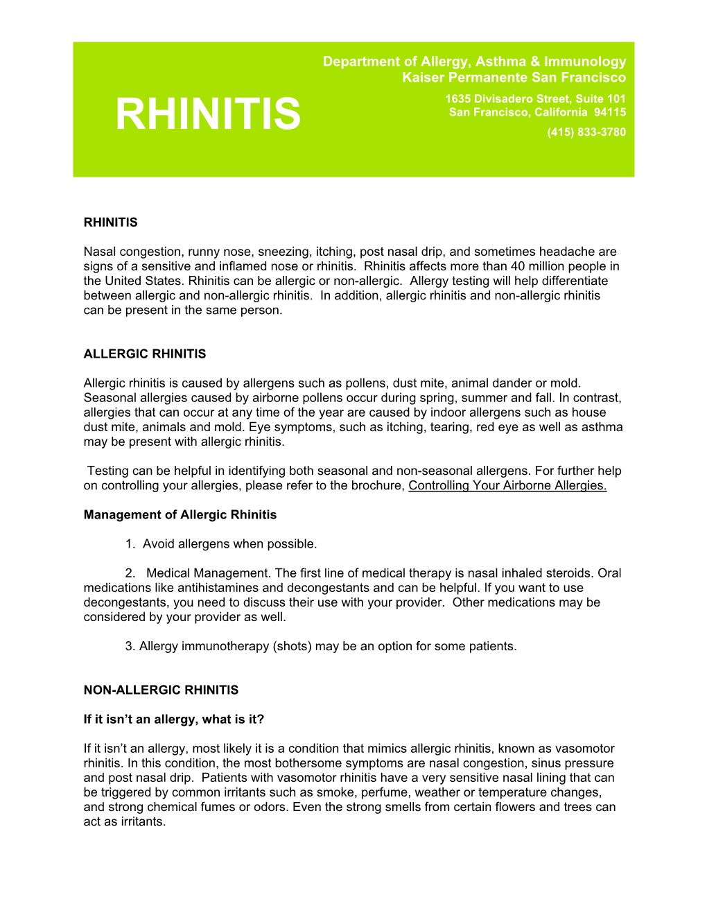 Rhinitis (415) 833-3780