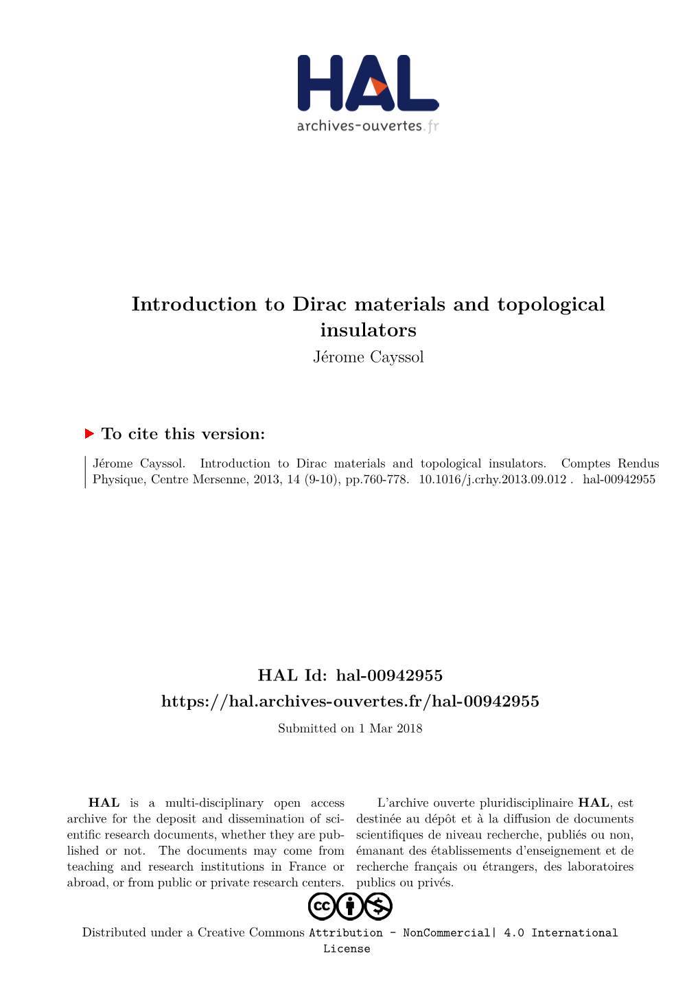 Introduction to Dirac Materials and Topological Insulators Jérome Cayssol