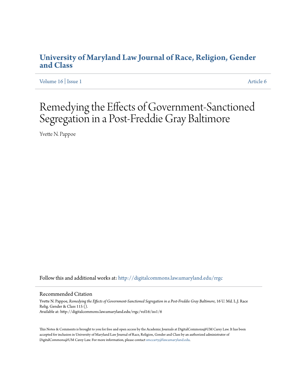 Remedying the Effects of Government-Sanctioned Segregation in a Post-Freddie Gray Baltimore Yvette N