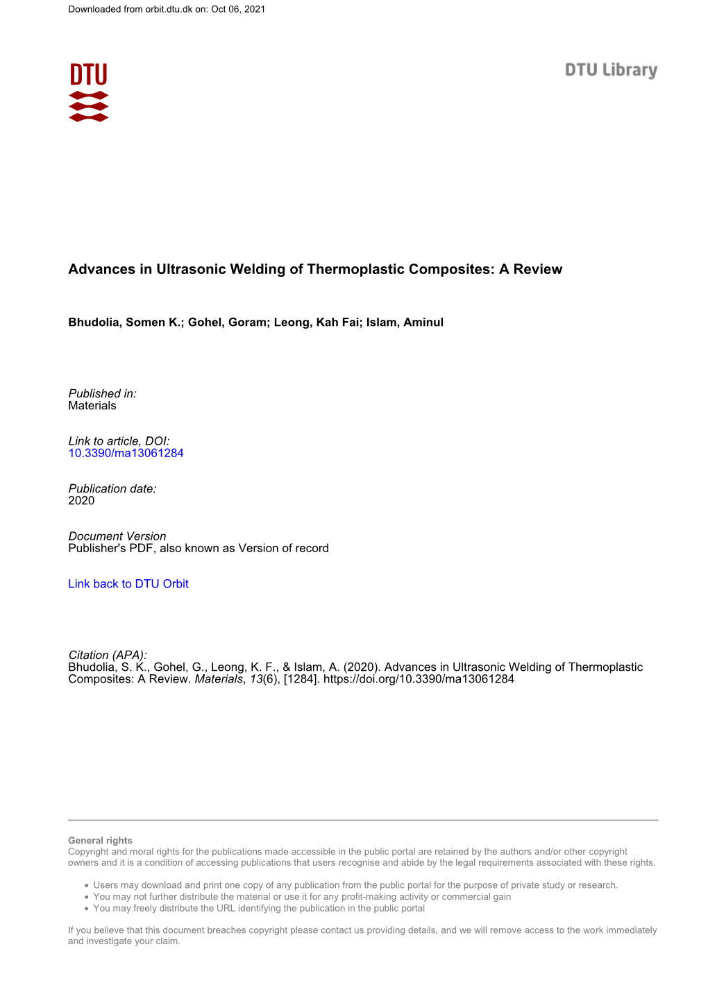 Advances in Ultrasonic Welding of Thermoplastic Composites: a Review