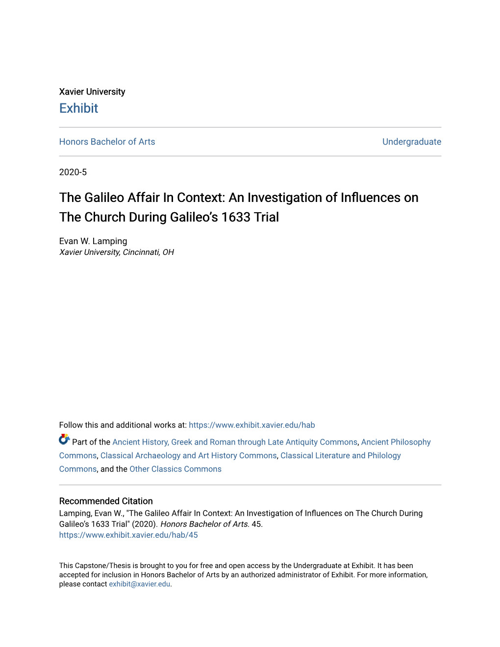 The Galileo Affair in Context: an Investigation of Influences on the Church During Galileo’S 1633 Trial