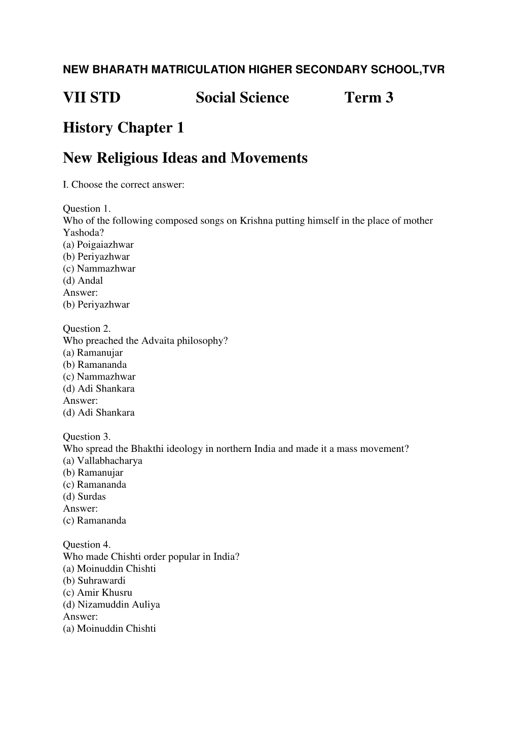 VII STD Social Science Term 3 History Chapter 1 New Religious Ideas and Movements