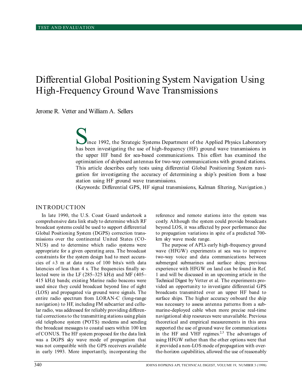 Differential Global Positioning System Navigation Using High-Frequency Ground Wave Transmissions