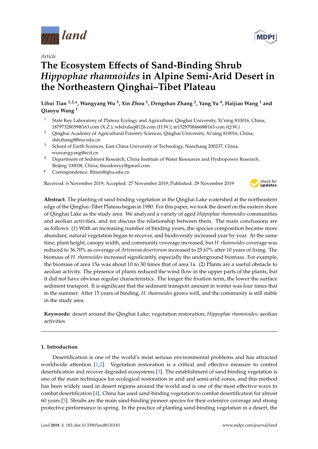 The Ecosystem Effects of Sand-Binding Shrub Hippophae