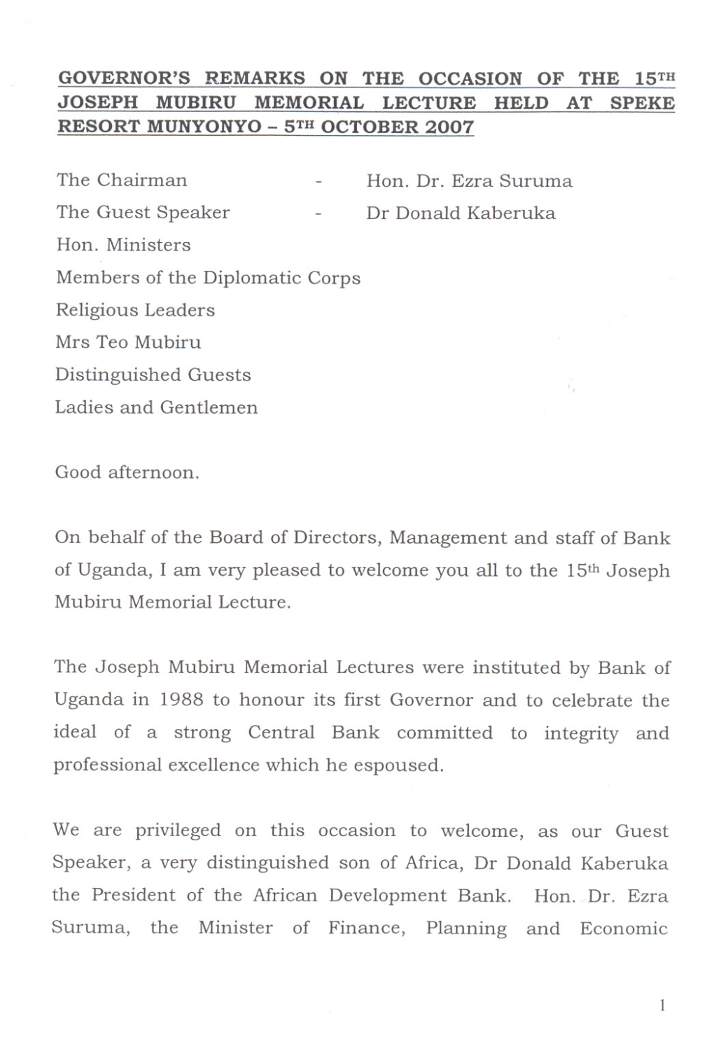 Governor's Remarks on the Occasion of the 15Th Joseph Mubiru Memorial Lecture Held at Speke Resort Munyonyo- 5Th October 2007
