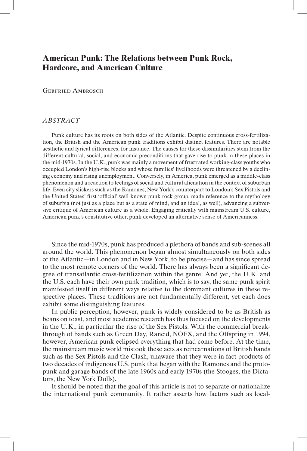 American Punk: the Relations Between Punk Rock, Hardcore, and American Culture