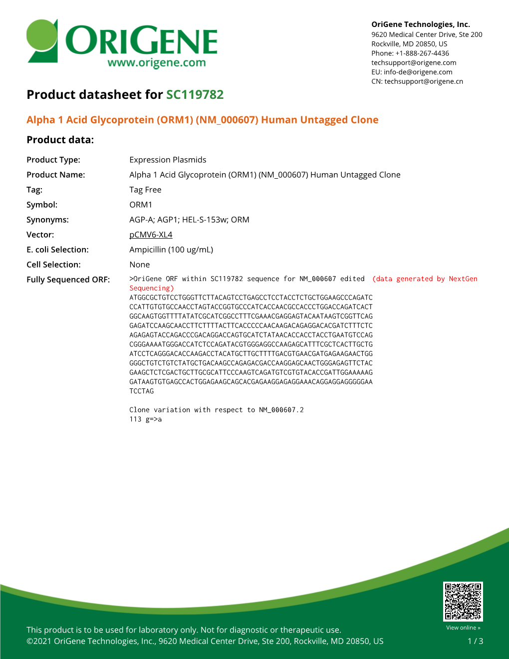 Alpha 1 Acid Glycoprotein (ORM1) (NM 000607) Human Untagged Clone Product Data