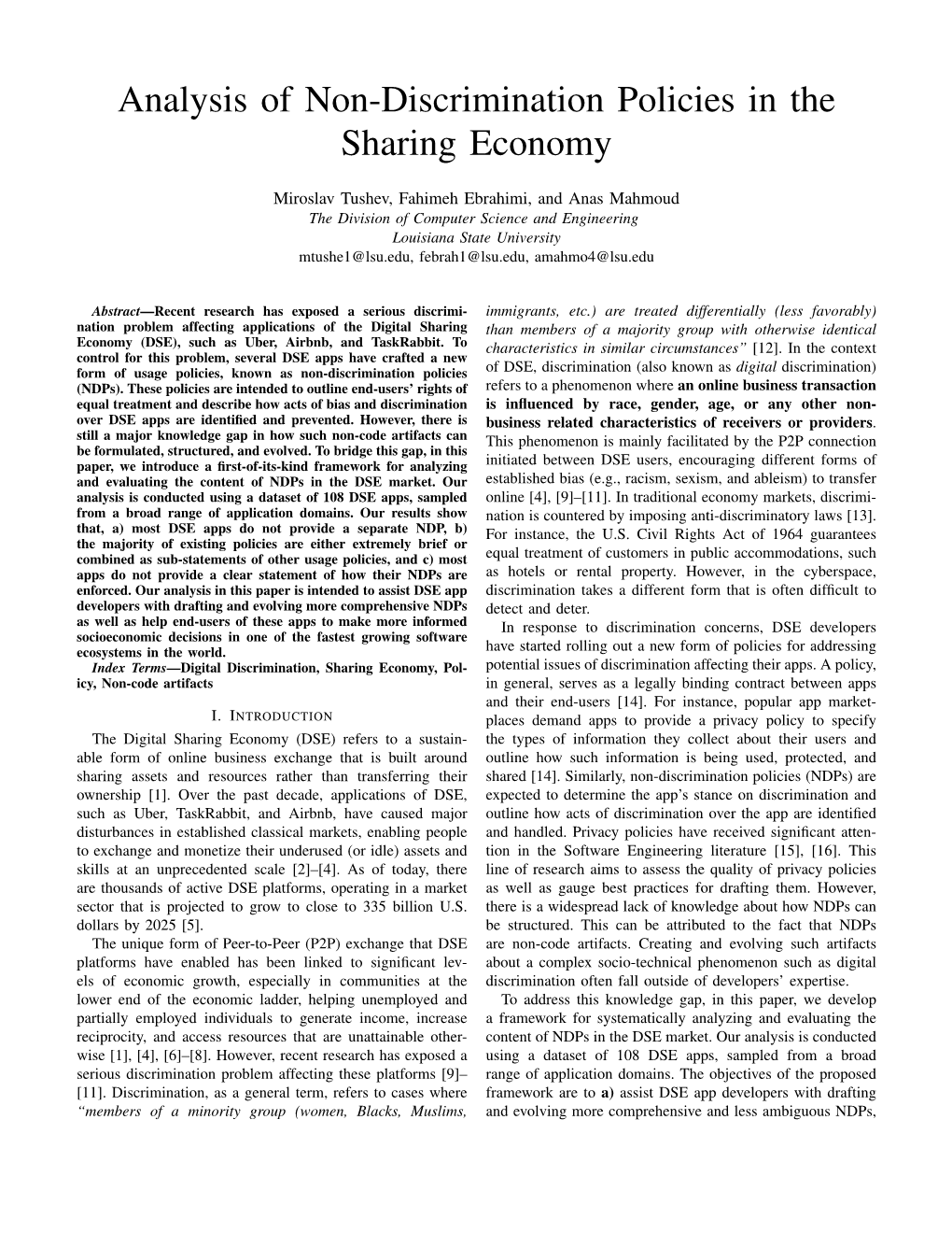 Analysis of Non-Discrimination Policies in the Sharing Economy