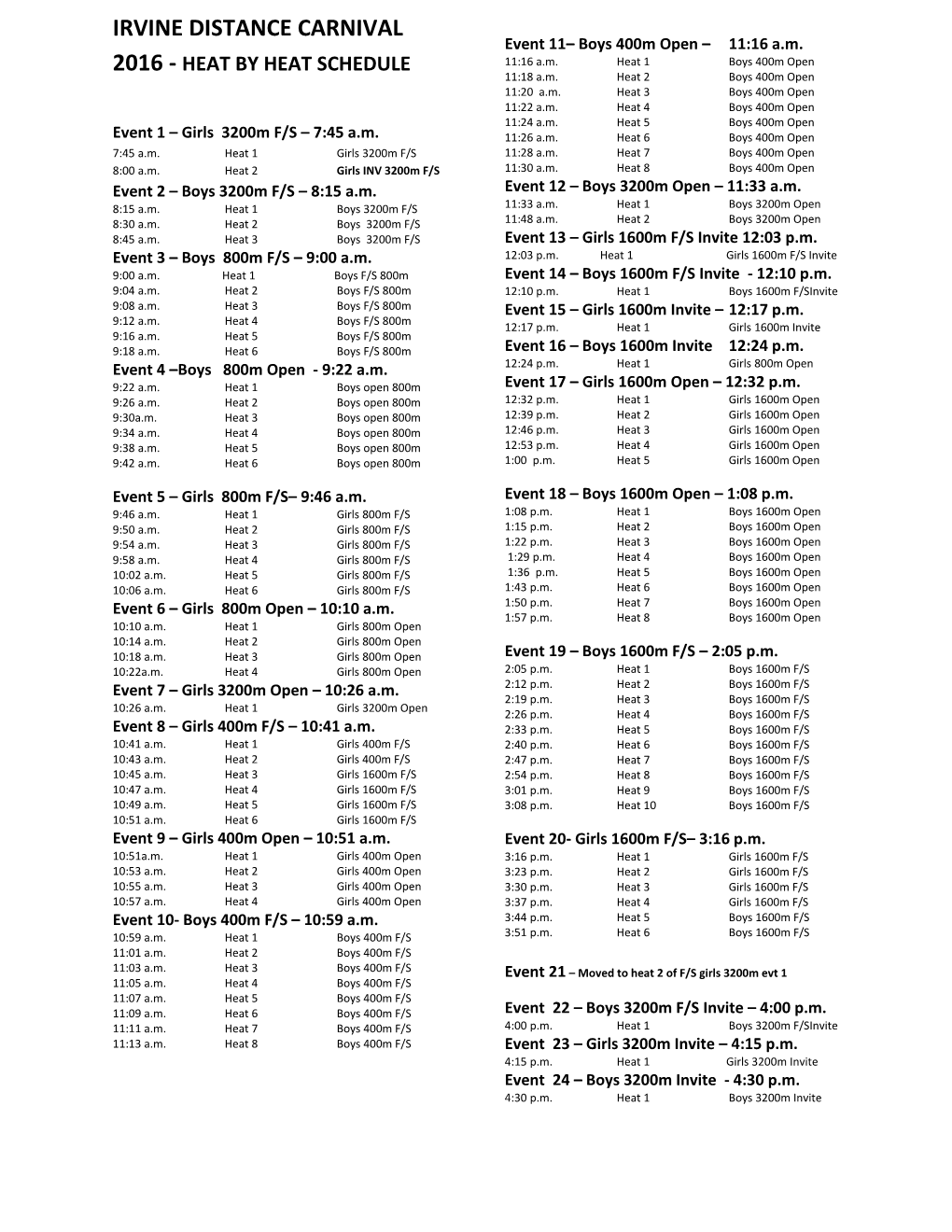 Irvine Distance Carnival 2016 - Heat by Heat Schedule