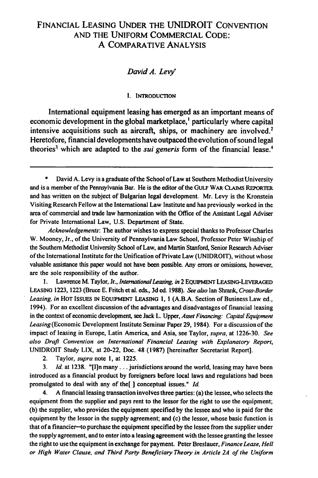 Financial Leasing Under the Unidroit Convention and the Uniform Commercial Code: a Comparative Analysis